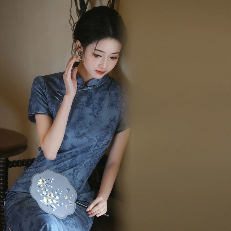 蓝色旗袍2025春夏新款复古民国风年轻款少女绝美长款日常改良显瘦