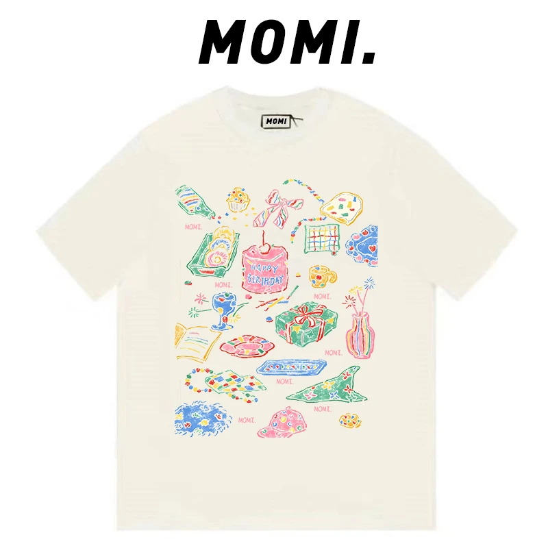 【MOMI】现货！涂鸦小礼物 260克纯棉重磅短袖女宽松休闲百搭T恤男