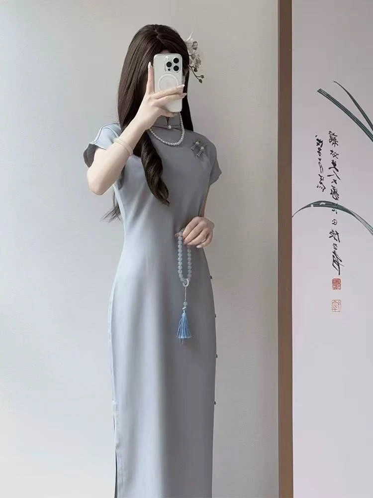 年轻款复古蓝绿纯色『芷素』旗袍