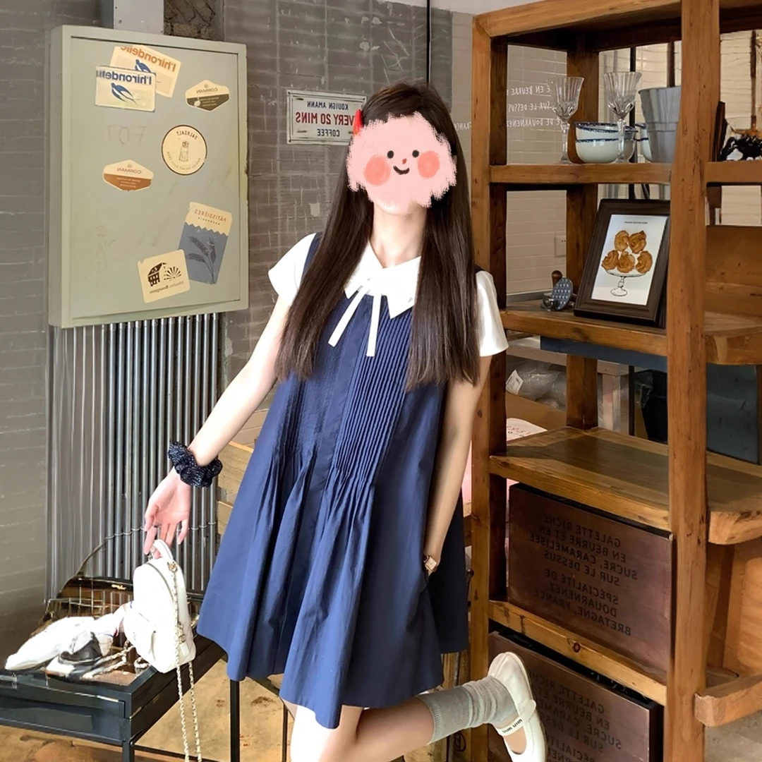 学院风miu系甜美连衣裙女夏季小个子宽松减龄衬衫短裙背心蓬蓬裙