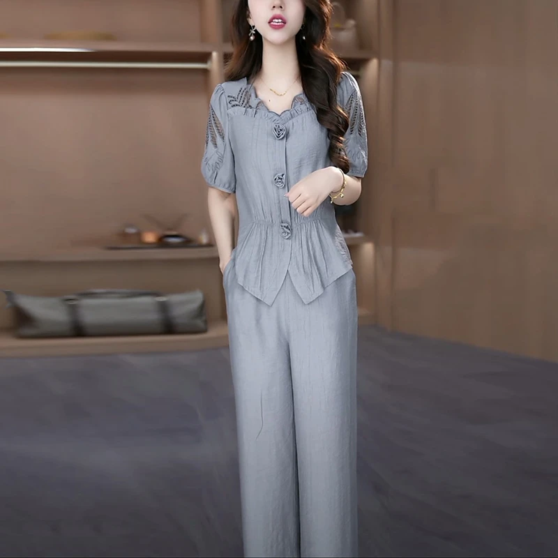 气质女装妈妈装夏季套装2025新款爆款洋气女神范显瘦阔腿裤两件套