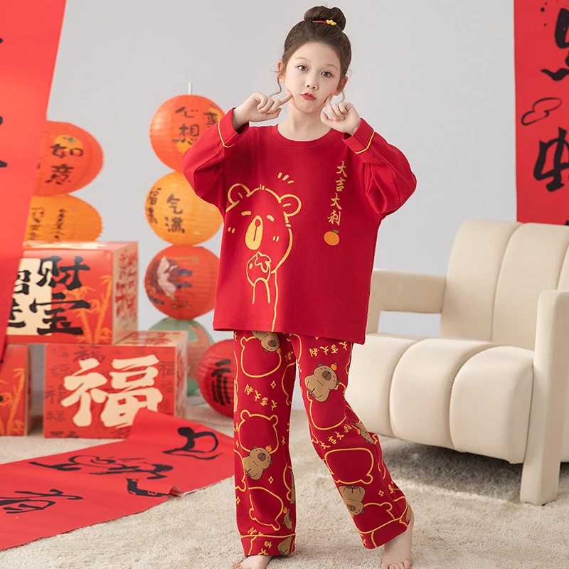 儿童睡衣春秋季2025年红色纯棉长袖本命年卡通女童宝宝家居服套装