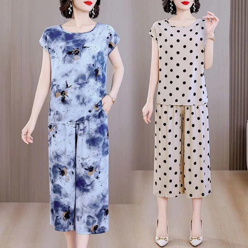 新款棉绸套装女夏季时尚气质洋气宽松大码显瘦休闲睡衣外穿两件套