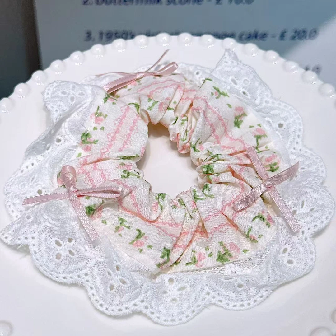 A-6867 dl 1个粉色碎花布艺花边高弹力小清新耐用肠圈       发圈