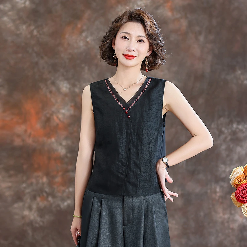 齐黛品牌桑蚕丝真丝上衣女2025春夏新款无袖背心内搭妈妈衬衫T恤