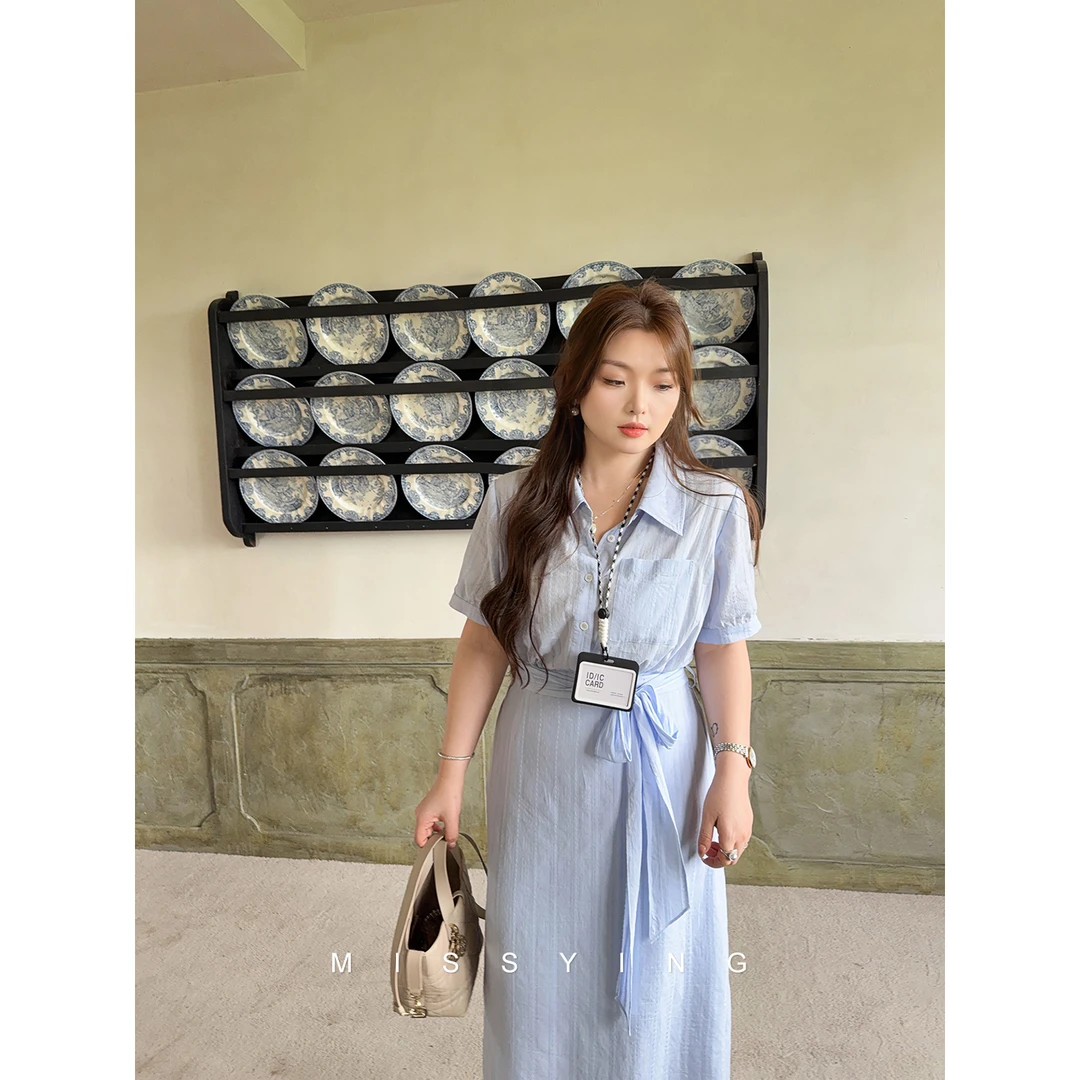 应小姐【高知学姐】微胖大码精致气质风法式高腰系腰时尚衬衫连衣裙