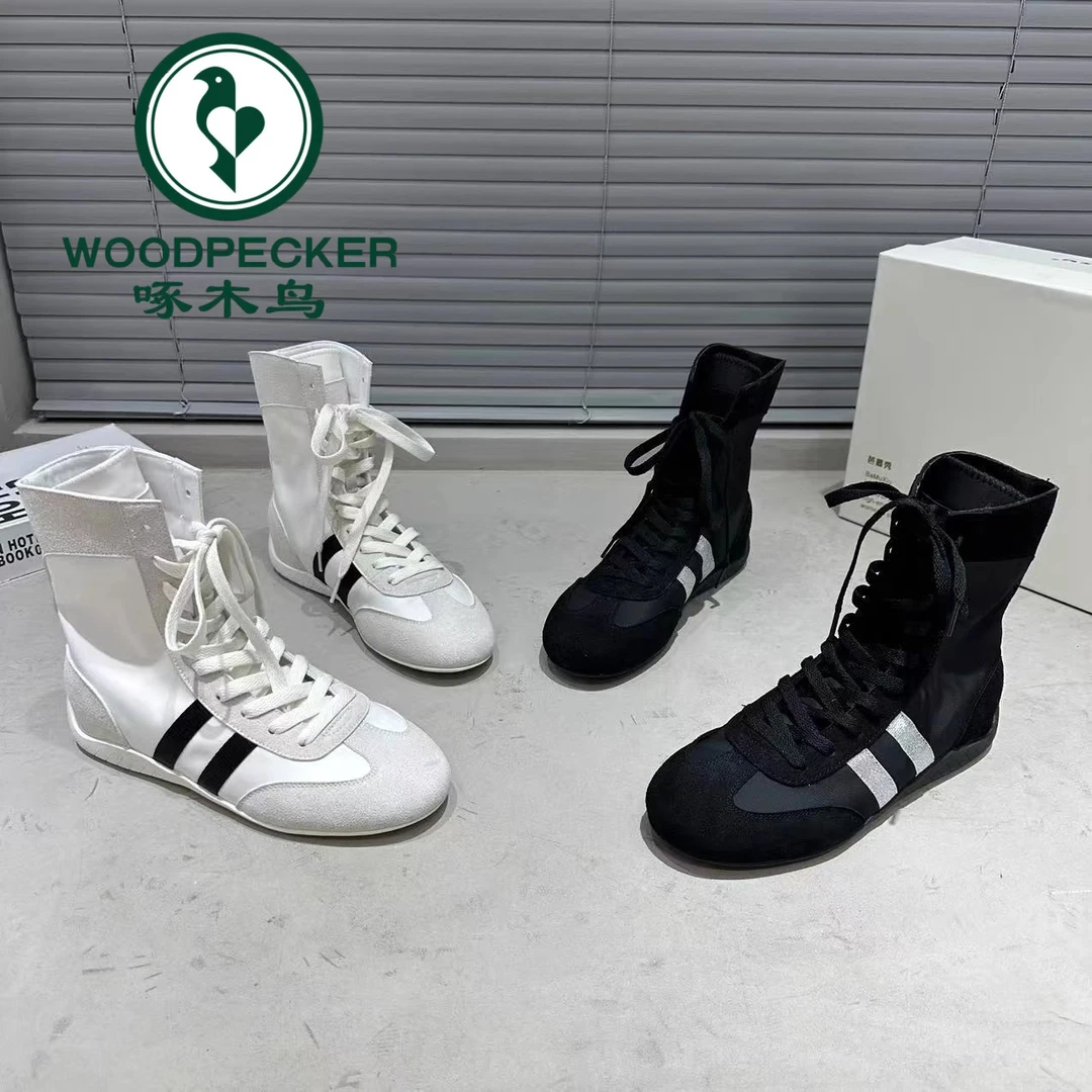 啄木鸟2025夏季新款高帮鞋百搭潮流休闲平底高帮系带德训鞋运动鞋
