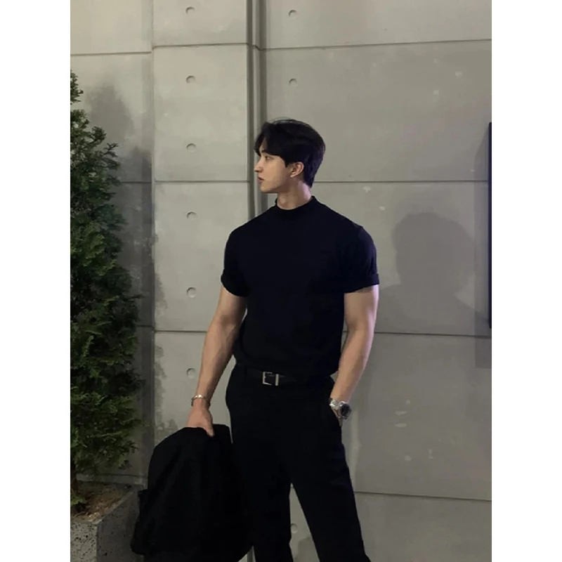 黑色正肩收袖口t恤夏季成熟稳重男装纯棉内搭短袖显肌肉健身半袖