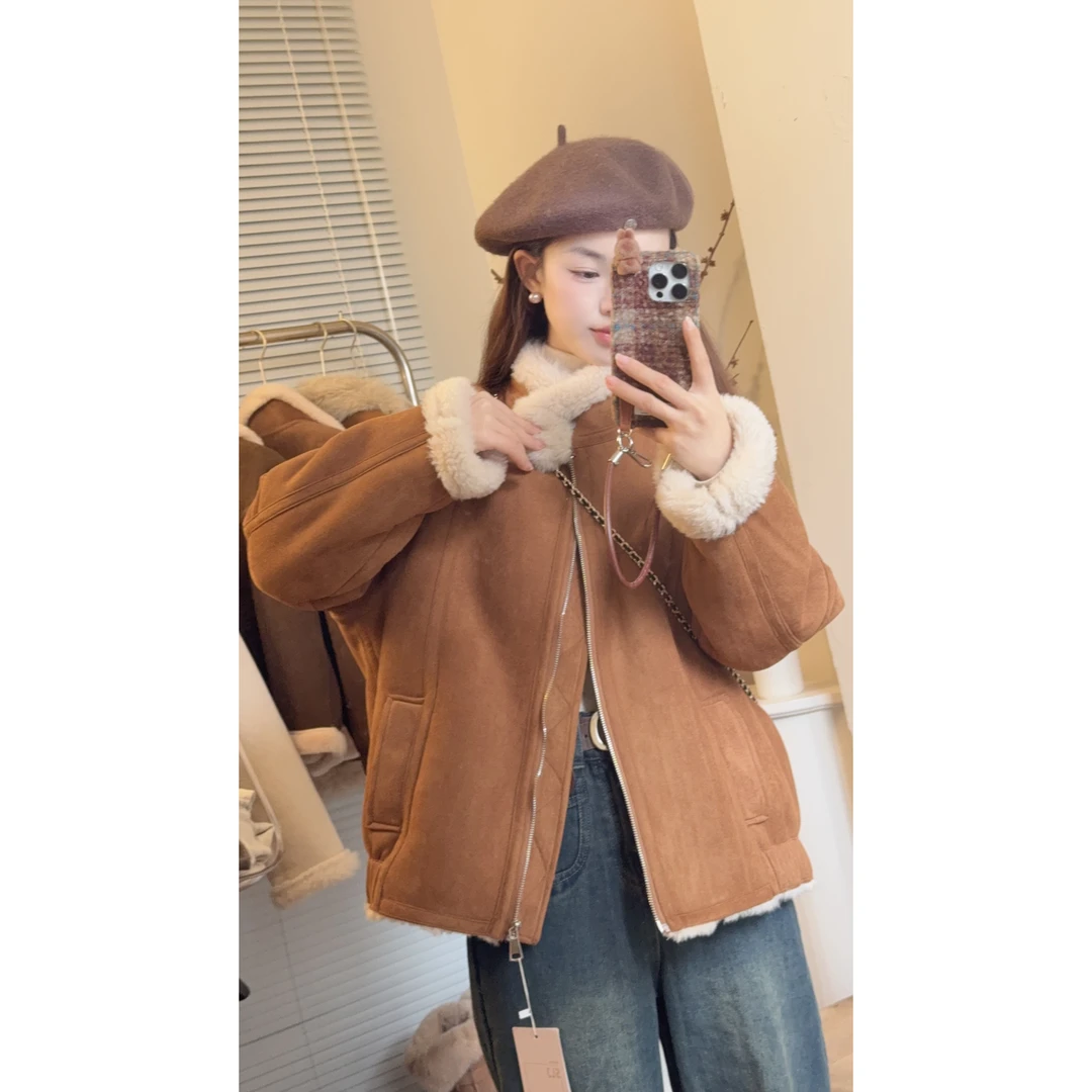 2025新款韩系通勤高端设计感机车服毛毛外套