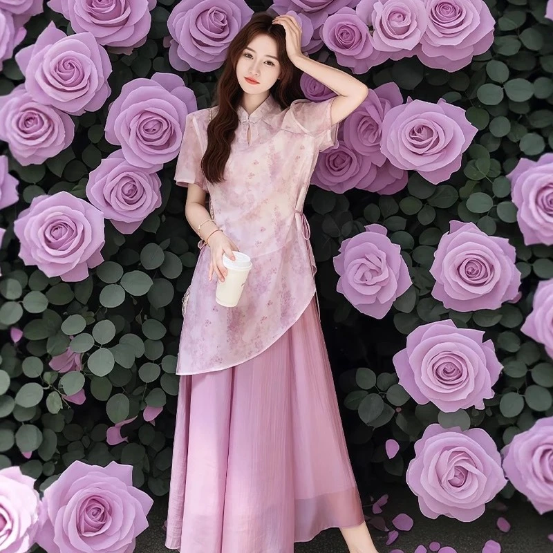 A488+A489新中式国风连衣裙套装夏季漂亮改良旗袍碎花上衣半身裙