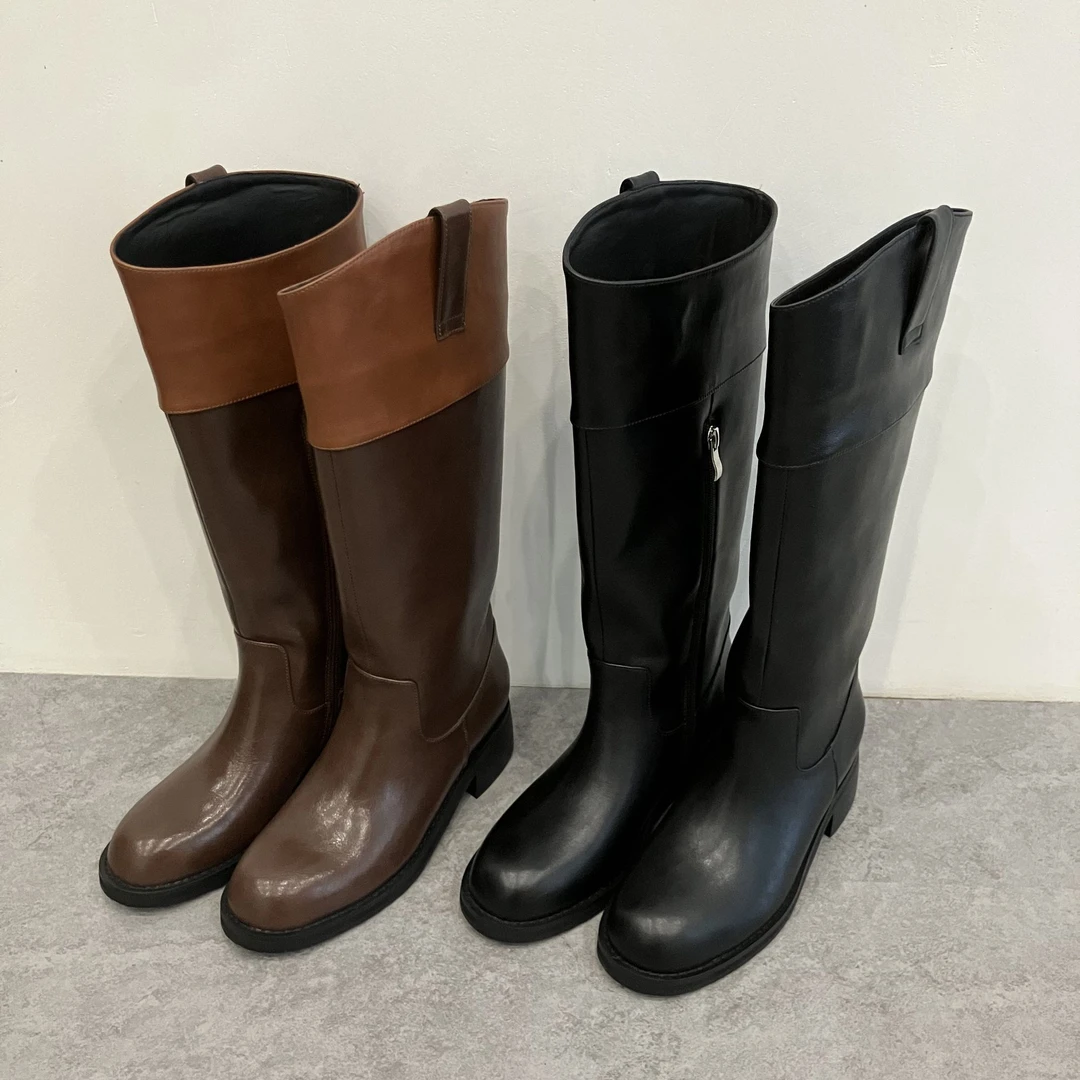 美拉德复古风圆头拼色侧拉链小个子粗跟显腿长时尚长筒靴长靴过膝