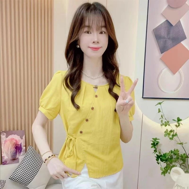 时尚衬衫女2025夏季新款洋气显瘦设计感减龄百搭系带镂空短袖上衣