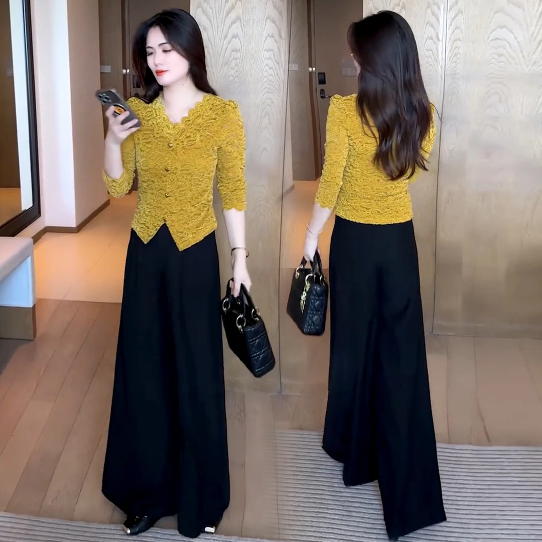 时尚套装女2025秋季新款洋气显瘦V领蕾丝衫上衣阔腿裤气质两件套