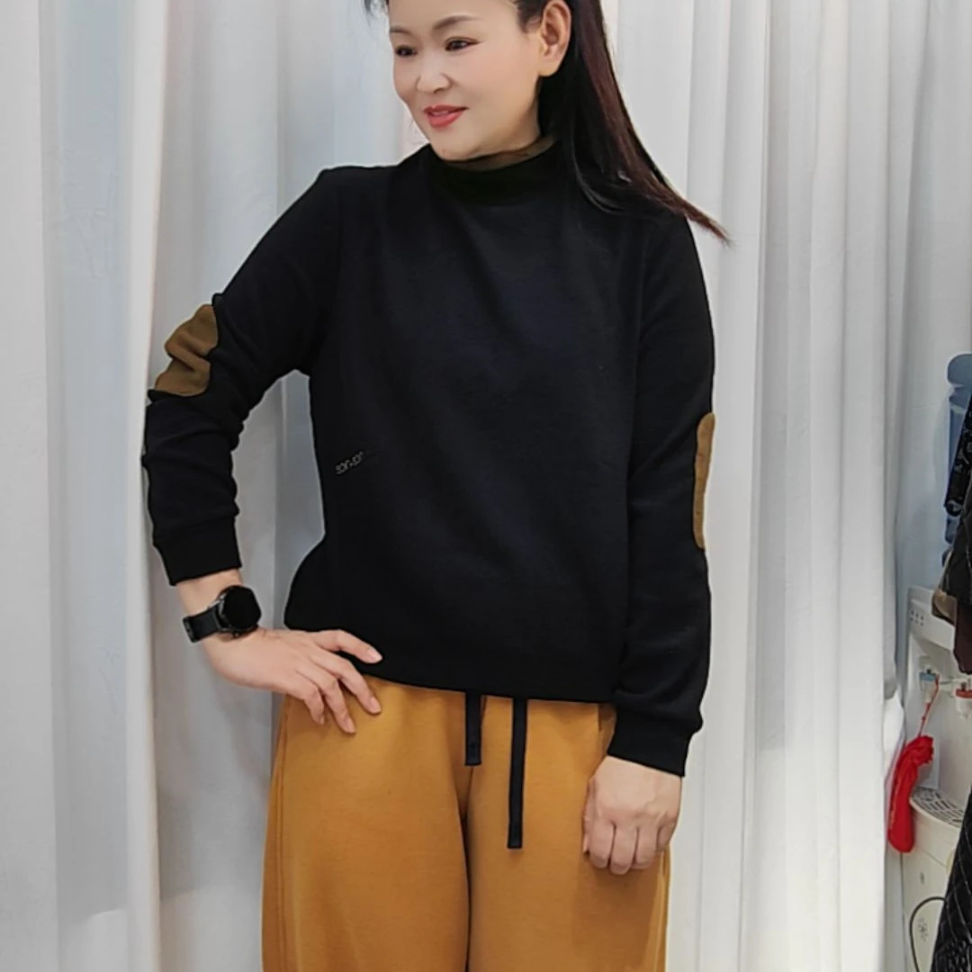 (郑州银基)拼色双面彭松绒半高领长袖加绒加厚保暖显瘦休闲卫衣