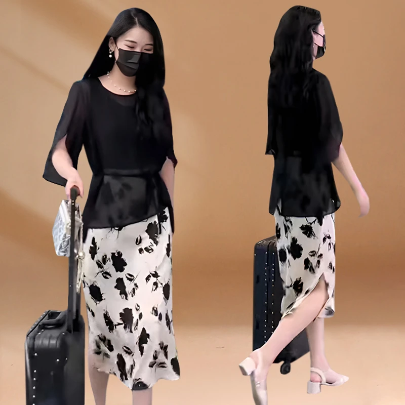 今年流行时尚套装裙2026夏季不规则透视罩衫+印花吊带裙两件套装