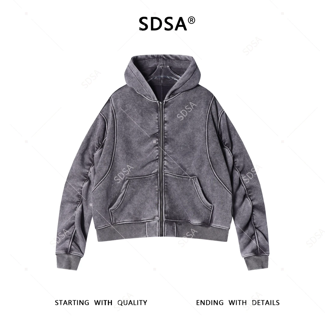 SDSA男士秋冬新款痞帅男装潮牌高街做旧连帽卫衣百搭时尚短款外套