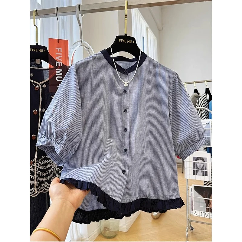 夏高品质大码木耳边条纹短袖衬衫宽松减龄泡泡袖上衣男女装300斤