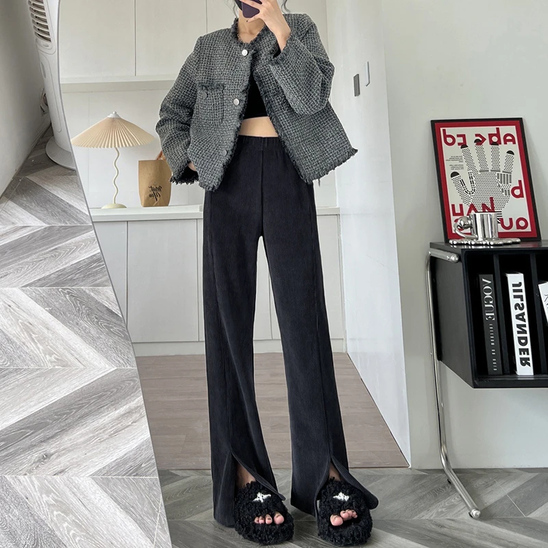 高级灰雪尼尔欧棉绒开叉裤女微喇2022年秋冬新款显瘦拖地