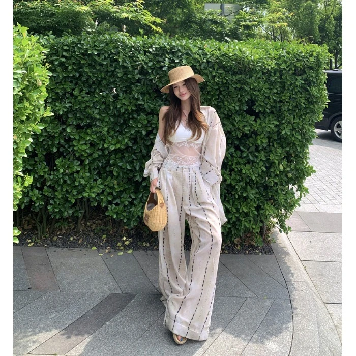 老钱风套装气质条纹长袖衬衫外套上衣女夏季高腰休闲阔腿裤两件套