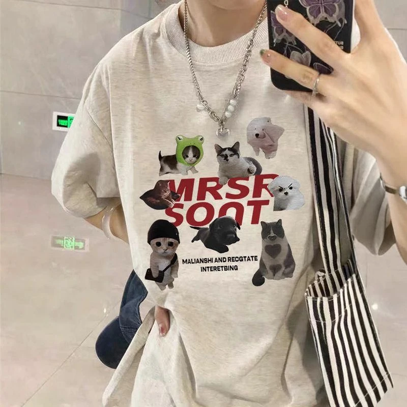 「萌宠天团」潮趣街头2025夏季大码女装纯棉短袖T恤百搭俏皮