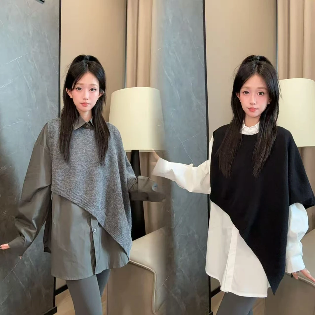 二姐的宝藏秋款韩版时尚百搭不规则设计感马甲衬衫两件套#25366