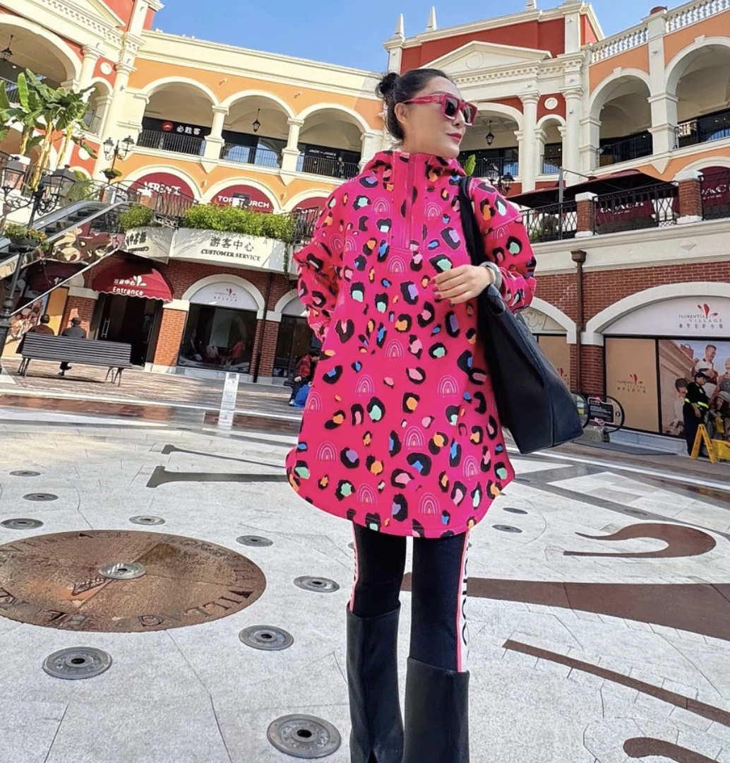 X261冬季设计师定制款加厚复合直贡尼银狐绒彩色豹纹大版帽衫