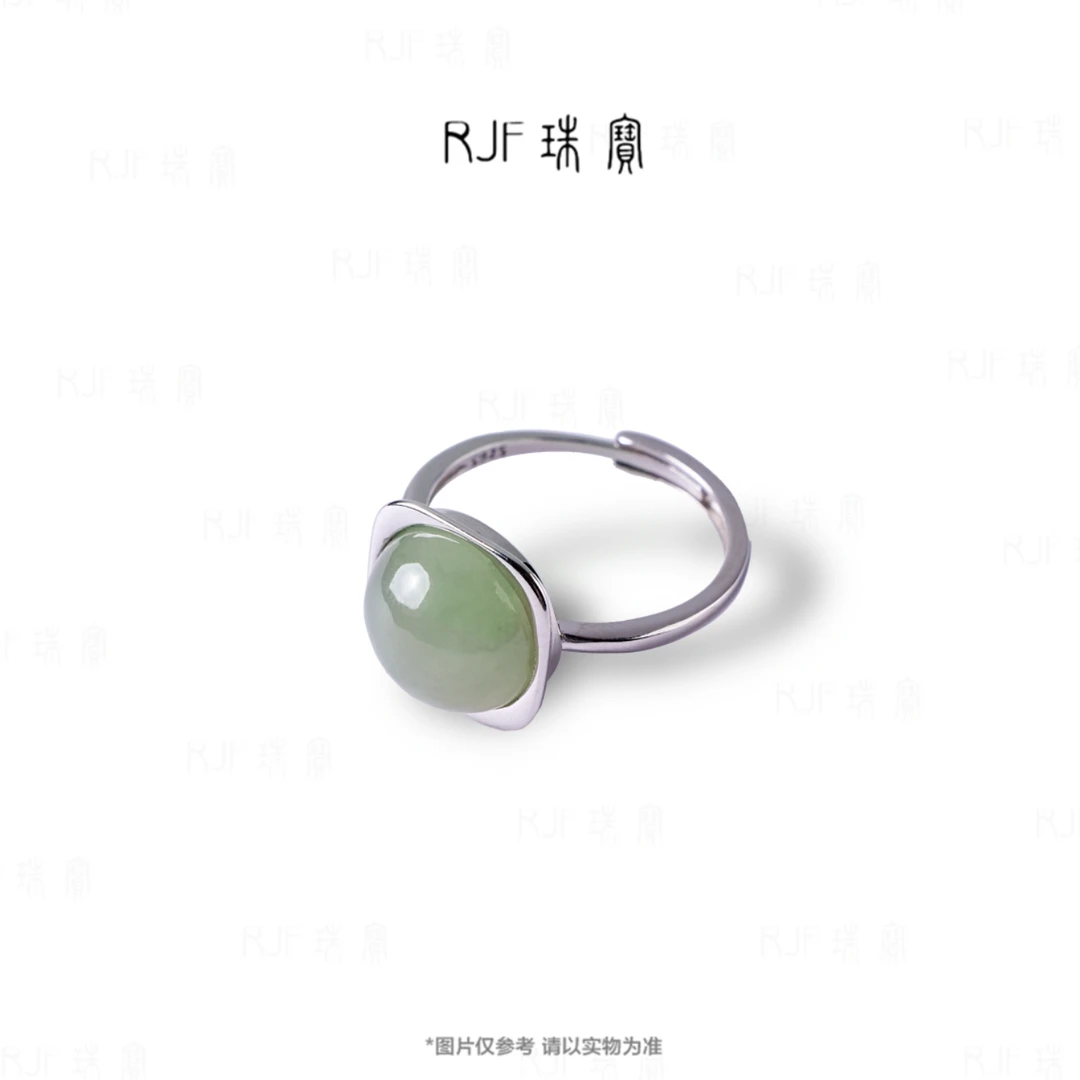 RJF【方圆-浅】天然和田玉百搭可调节镶嵌鸽子蛋女士复古银戒