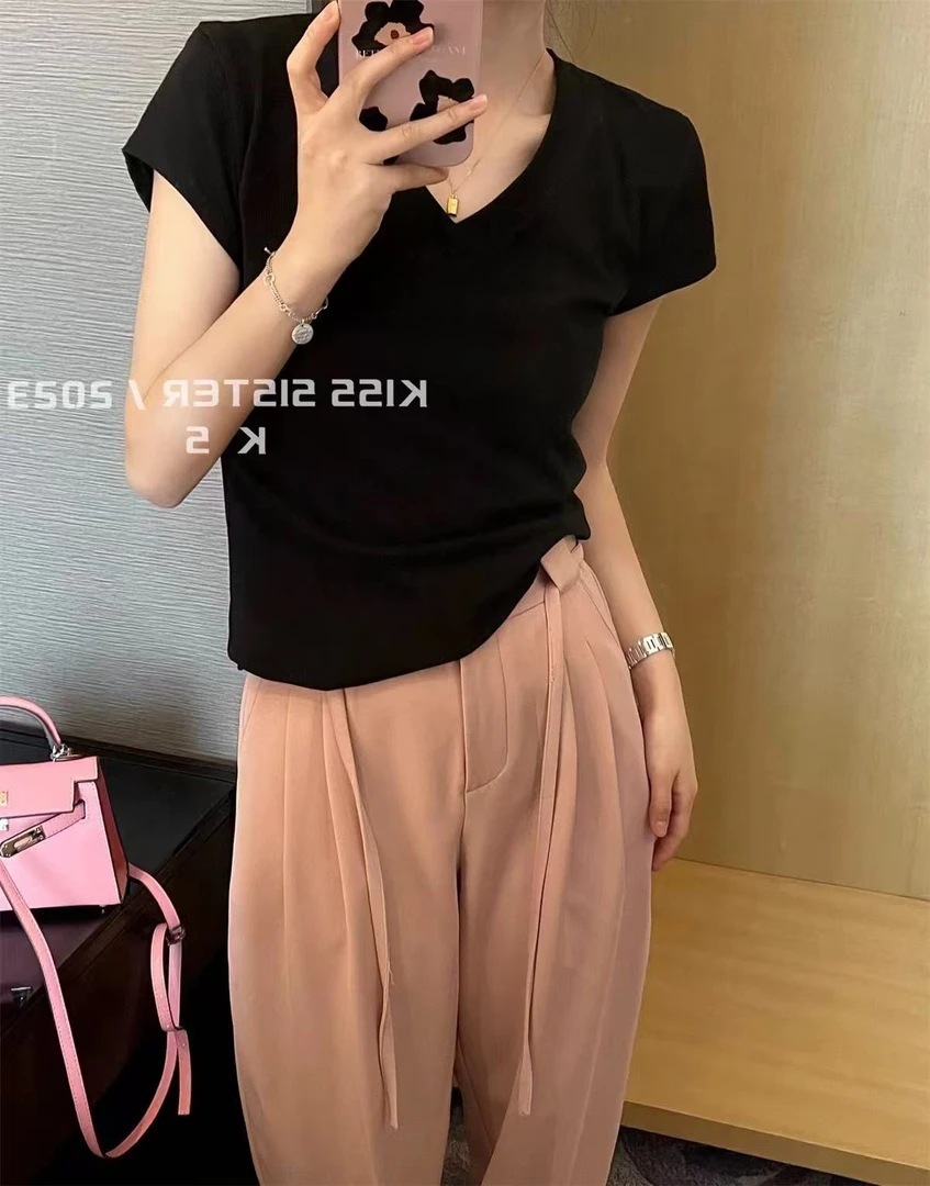 【561-620】编码v字短袖T恤上衣韩系