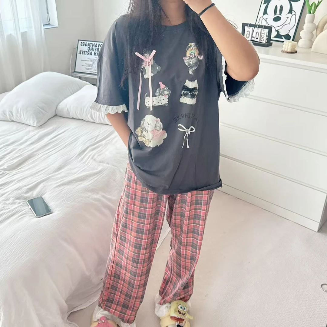女格子裤睡衣卡通时尚宽松显瘦家居服圆领短袖长裤高个子套装