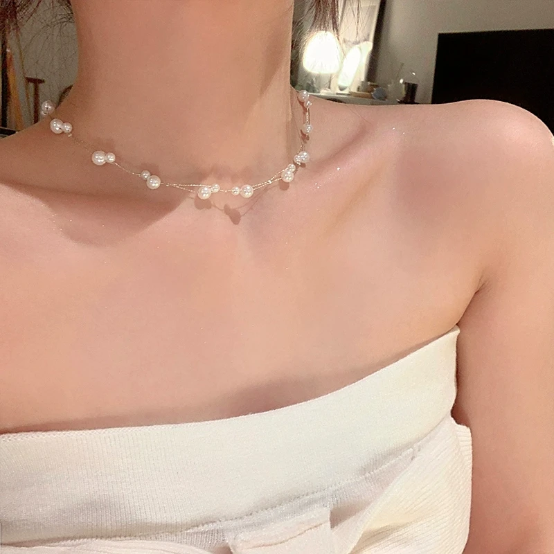 铜合金仿珍珠项链 韩系双层满天星珠珠项链女轻奢高级感锁骨链