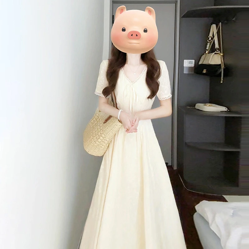 【清仓+运补5米】法式白色初恋蕾丝连衣裙子女夏2025收腰长裙3187