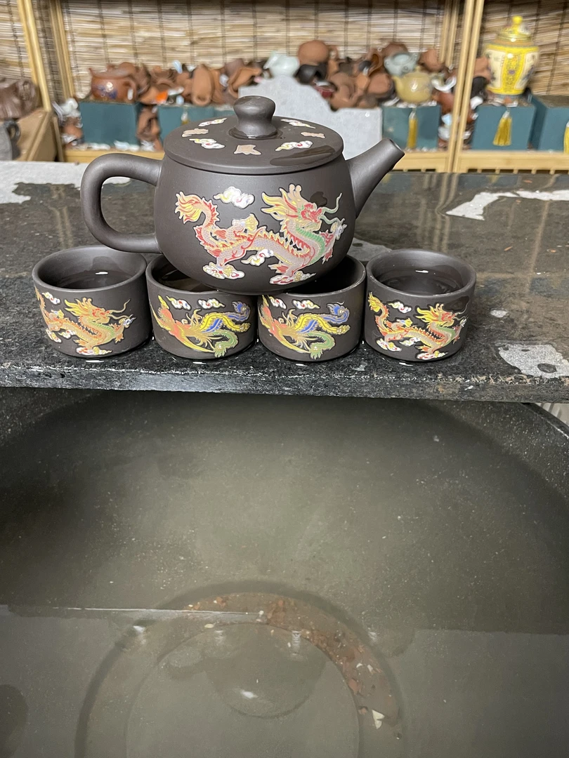 黄龙山原矿紫砂壶汉瓦龙凤变色一壶四杯家用3-5人泡茶专用