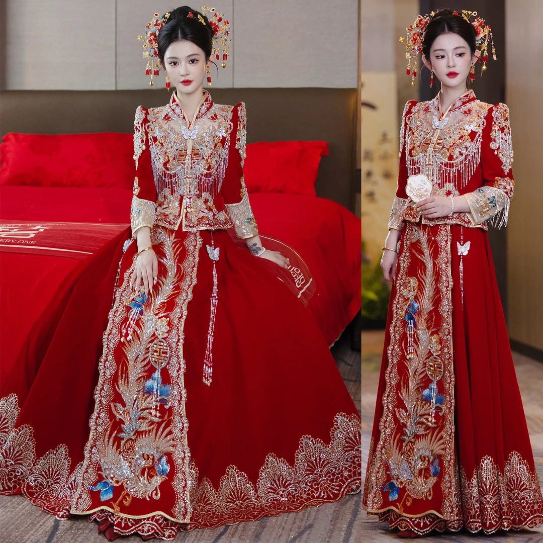 秋冬丝绒秀禾服新娘结婚服装2025新款礼服中式婚纱敬酒服出阁服女