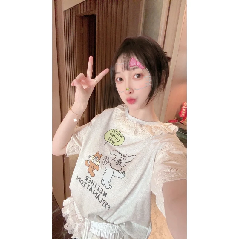 【张静芝】钩花边拼接卡通T恤