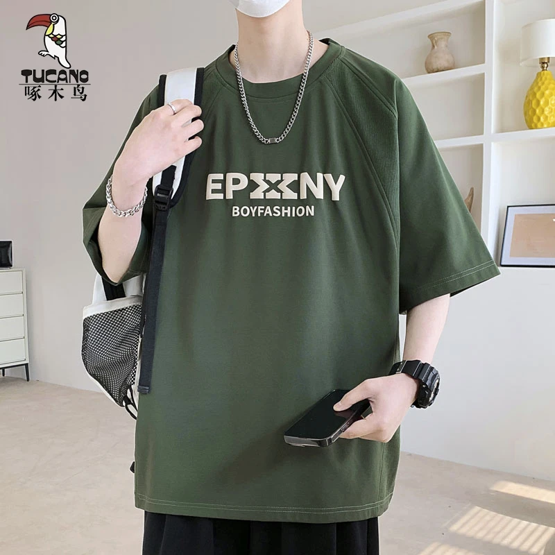 啄木鸟夏季短袖t恤男美式体恤2025年新款简约大码宽松圆领上衣