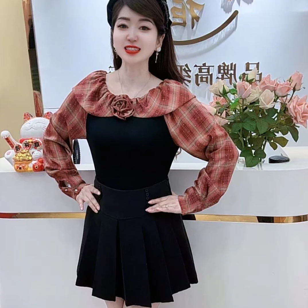 高级重工秋季时尚百搭高级感荷叶边长袖格子针织衫