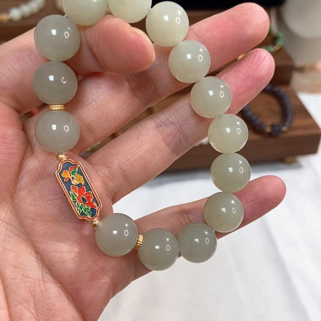 手链银S925镶嵌和田玉12mm浅晴福利