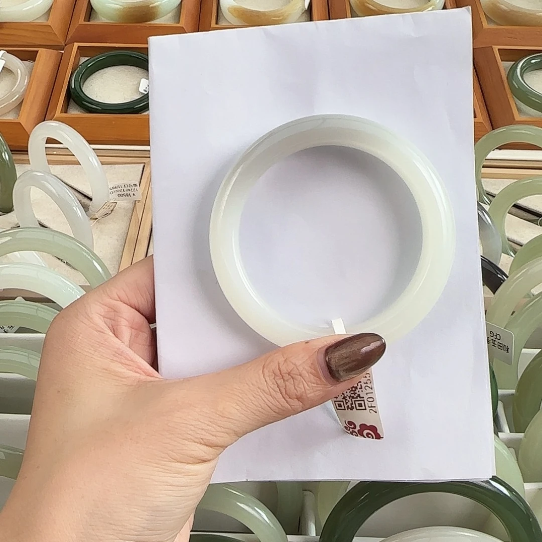 和田玉未镶嵌手镯白玉飘浅紫正圈57-58