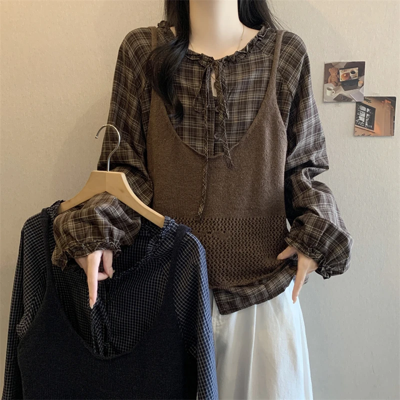 大码早秋女复古气质减龄胖MM系带格子衬衫吊带针织衫上衣两件套