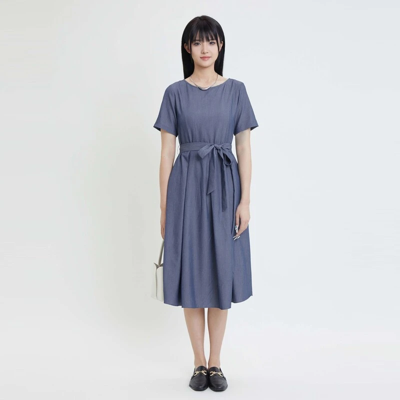 S·DEER圣迪奥时尚圆领显瘦气质休闲夏季法式简约连衣裙S24281205