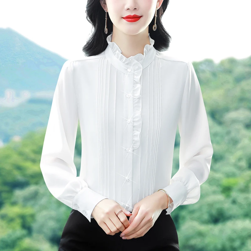 法式木耳边立领衬衫女春秋新款长袖宽松洋气减龄气质内搭上衣