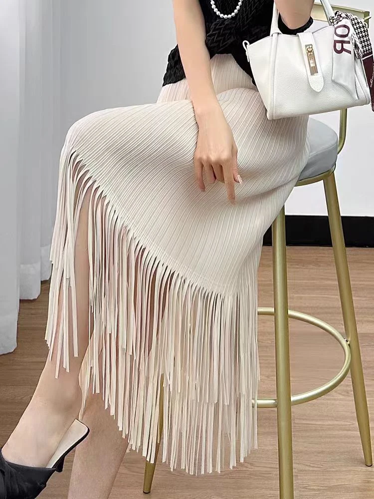 春夏流苏三宅半身裙女褶皱裙子中长裙舒适休闲小众百搭气质时尚