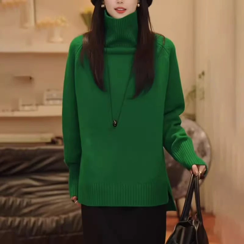 绿色高领毛衣女早秋季慵懒高级感软糯宽松时尚休闲内搭针织衫上衣