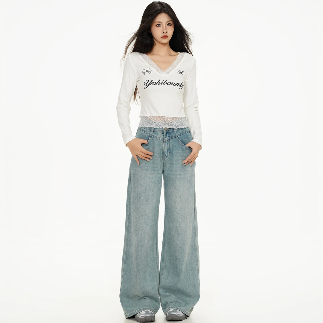 月光蓝牛仔裤女夏浅色垂感高腰显瘦拖地长裤女轻奢牛仔裤小个子