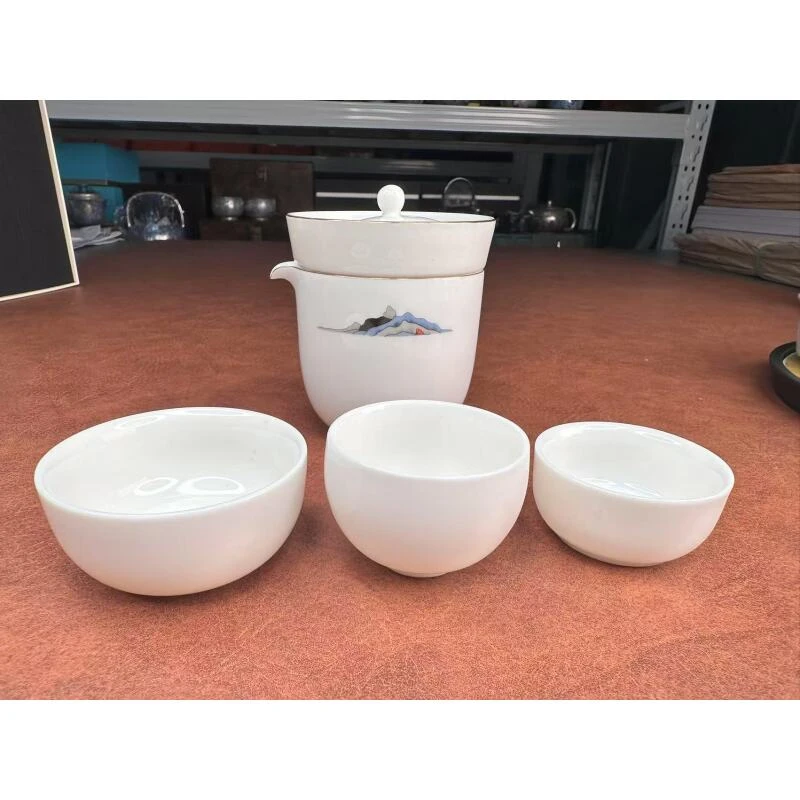 水墨江山羊脂玉瓷快客杯一壶+3杯319茶具茶杯
