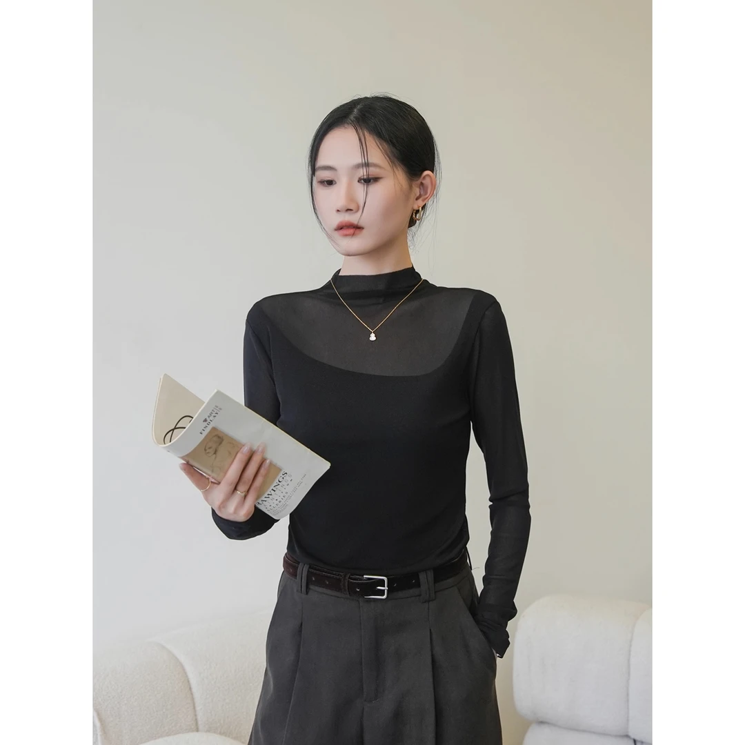 半高领网纱外穿黑色打底衫女2025年早秋新款内搭长袖t恤上衣气质