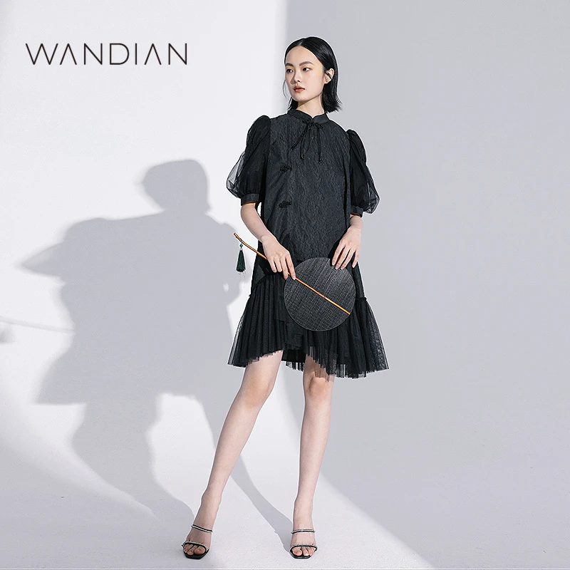 婉甸高考黑色新中式网纱拼接旗袍1232N36RJ3