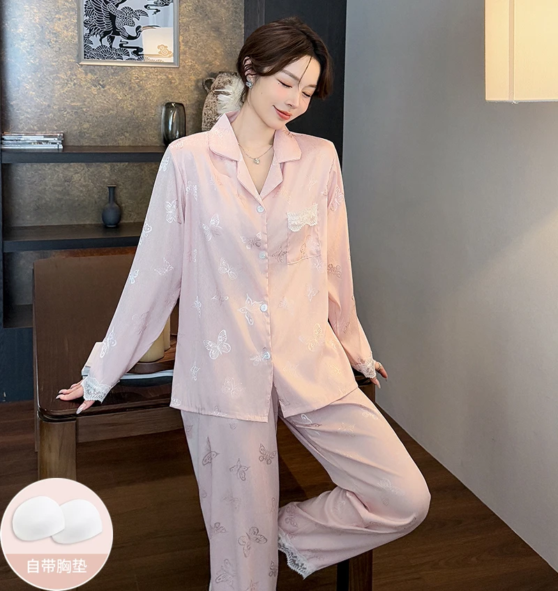 高定轻奢春秋四季新款带胸垫蝴蝶蕾丝袖气质甜美显瘦睡衣女家居服