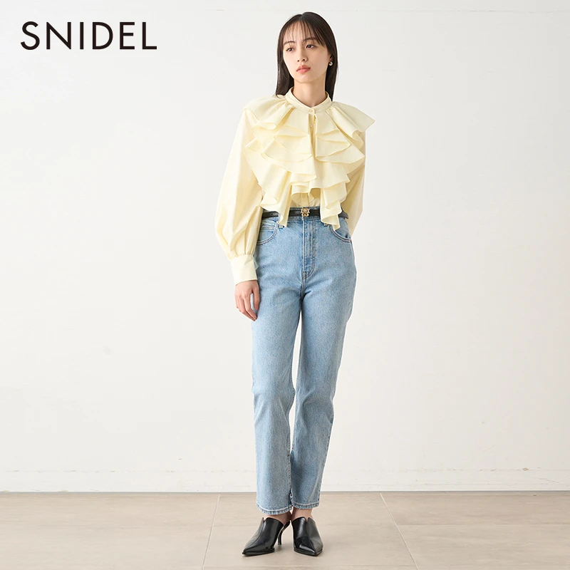 SNIDEL纯色气质圆领荷叶边长袖衬衫上衣SWFB234163