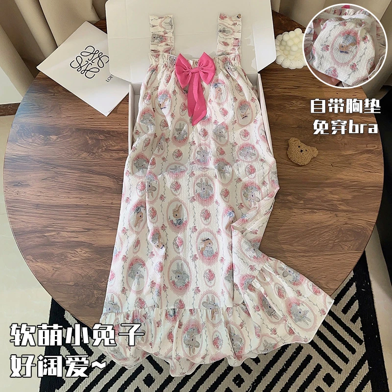 带胸垫睡衣女新款软萌小兔子少女中长款睡裙夏季天梭织棉家居服薄